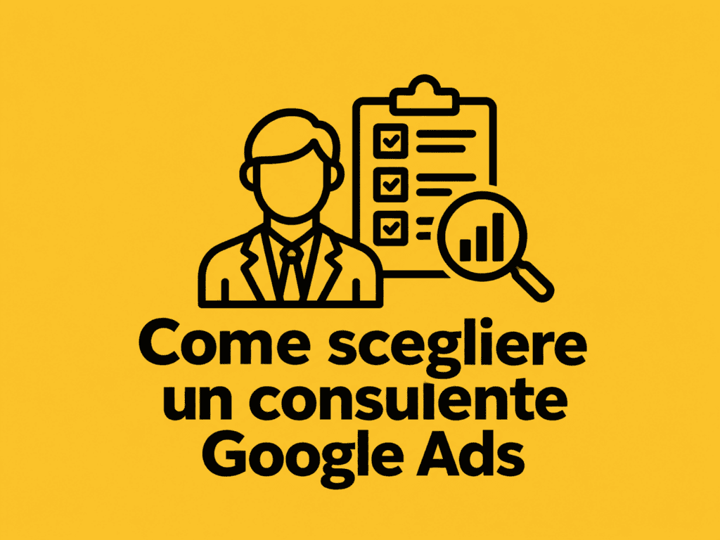 Come scegliere un consulente Google Ads: illustrazione di un professionista con checklist e analisi dei risultati