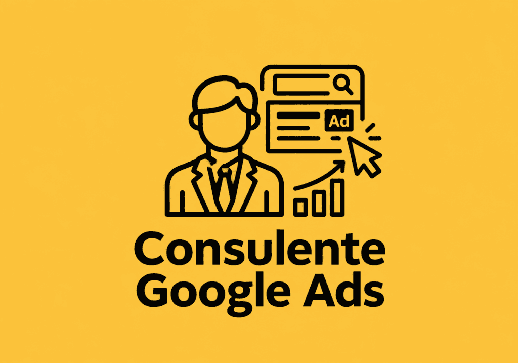 Illustrazione di un consulente Google Ads con annuncio pubblicitario e grafico di crescita